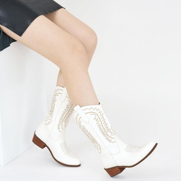 Women's Embroidered White Mid Calf Western Pointed Toe Low Chunky Heel Boot - Picture 3 of 7